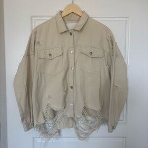 BBJ Los Angelos Distressed Cream Denim Jacket- Size Med